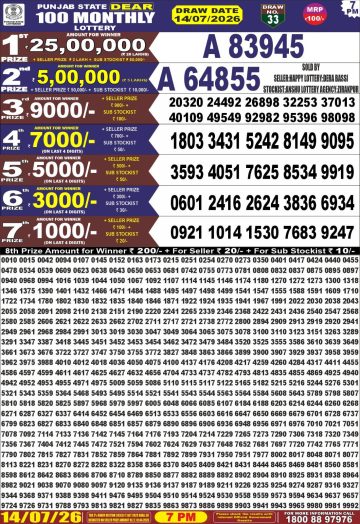 Punjab State 100 Monthly Lottery 14.07.26 img 20260714 wa0068