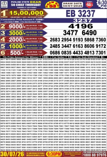 पंजाब स्टेट लॉटरी रिजल्ट Punjab State Lottery Result 6.30PM 30.07.26 synced punjab result image on 2026 07 30