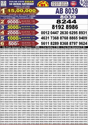 पंजाब स्टेट लॉटरी रिजल्ट Punjab State Lottery Result 6.30PM 18.07.26 synced punjab result image on 2026 07 18