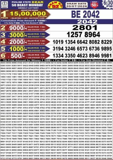 पंजाब स्टेट लॉटरी रिजल्ट Punjab State Lottery Result 6.30PM 20.07.26 synced punjab result image on 2026 07 20
